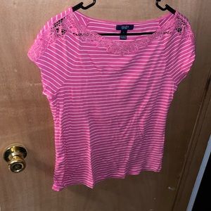 Chaps size, large, pink, and white striped with floral embellishment shirt